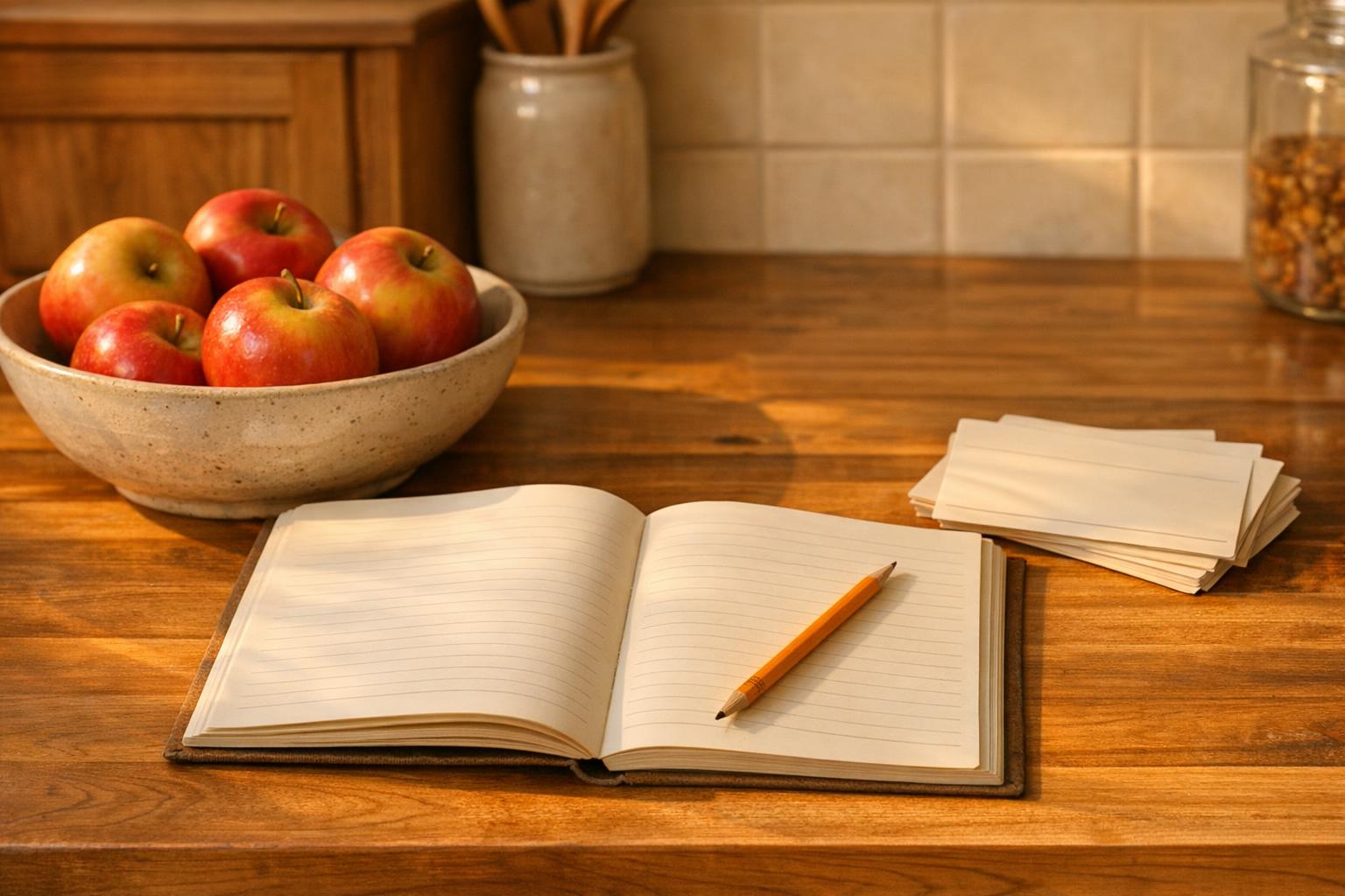 Notebook and bowl of apples on a kitchen counter.