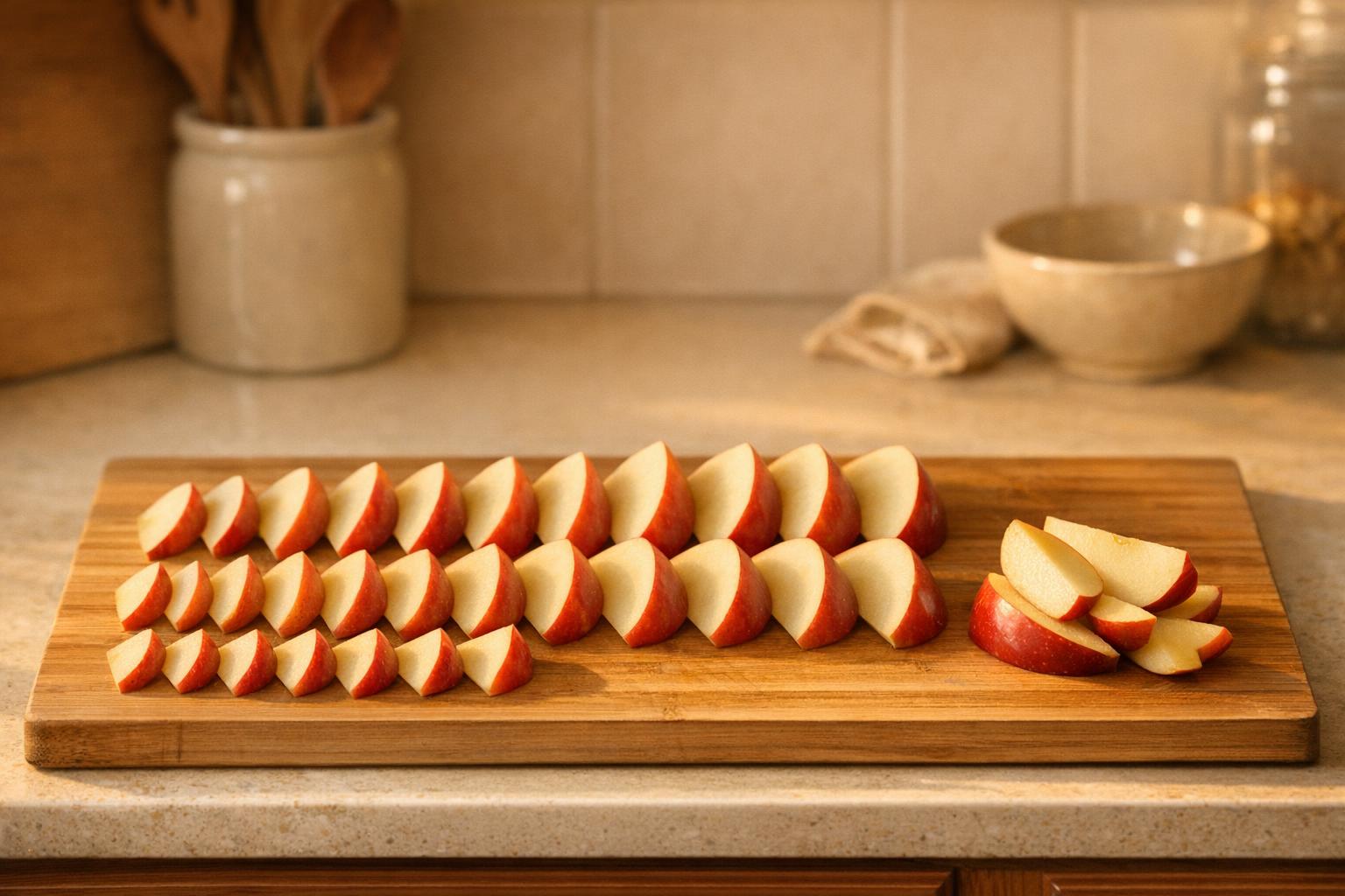 Rows of apple slices arranged on a wooden cutting board.