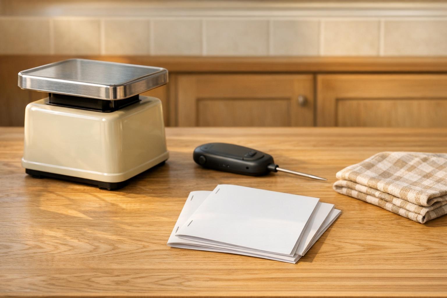 Kitchen scale, timer and cards on a wooden counter.