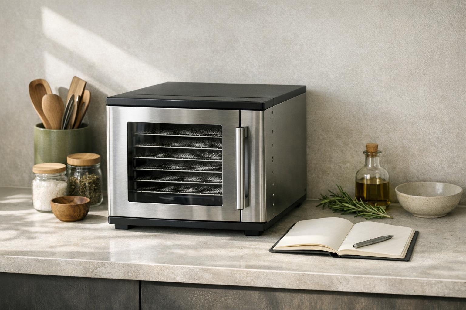 Stainless-steel dehydrator on a kitchen counter beside an open notebook.