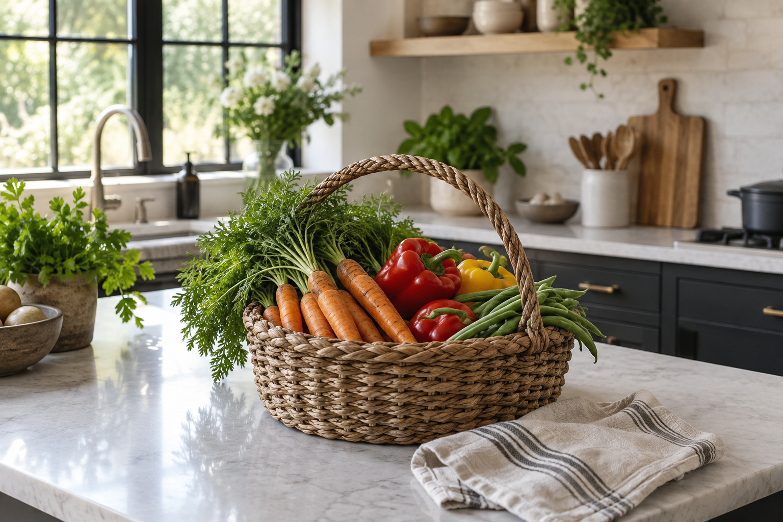 Basket of carrots, peppers and other vegetables on a kitchen counter.