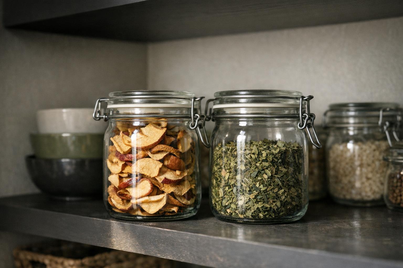 Storing dried food: cooling, conditioning and batch labels.